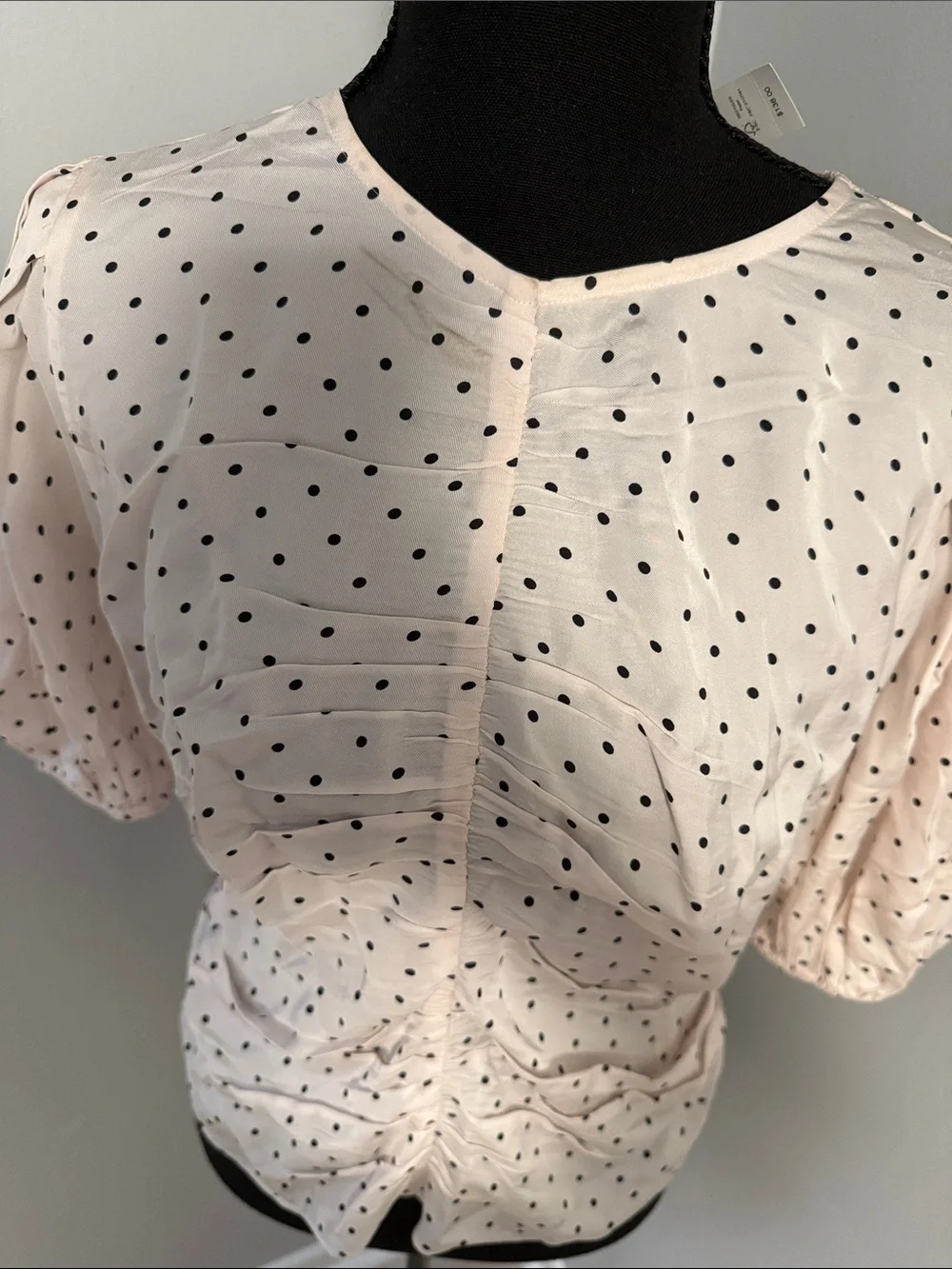 Aritzia Cream Polka Dot Ruched Puff Sleeve Blouse